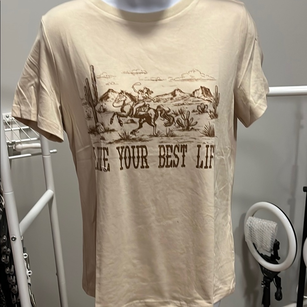 Beige Graphic T-Shirt with Western Print